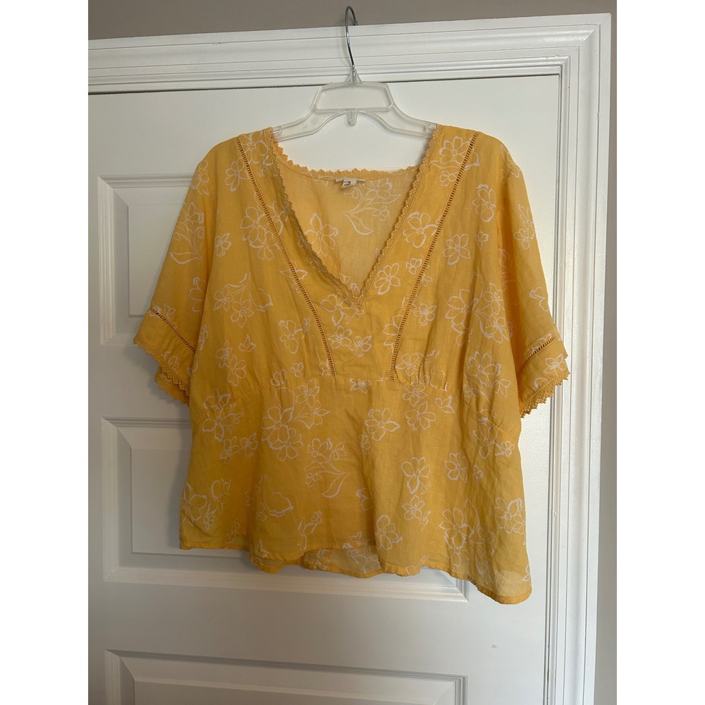 A.N.A a new approach Yellow Floral V-Neck Crochet Trim Cotton Blouse XL NEW